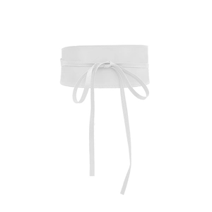 Detail of white wide obi belt showing textured faux leather and lace-up ribbon closure
