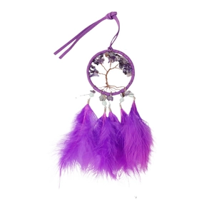 Tree of Life dreamcatcher pendant with purple feathers and natural crystal stones