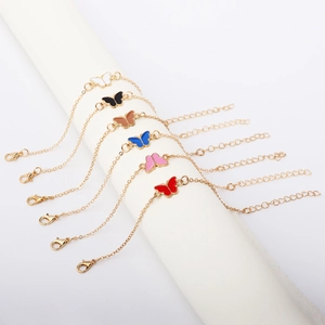 Set of six adjustable butterfly charm bracelets in multi-colored enamel and gold plating