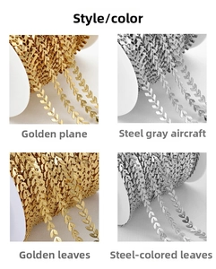 Detailed macro view of 18k gold plated leaf and V-shape stainless steel DIY jewelry chains