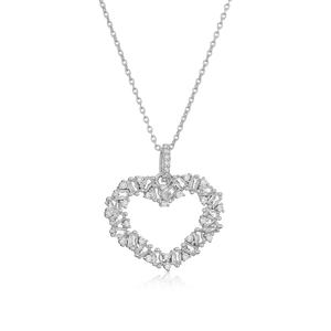 Macro detail of silver heart necklace pendant with sparkling cubic zirconia stones