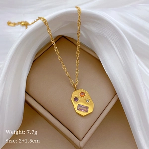 Detail of shield pendant necklace with colorful stones including weight and size specs