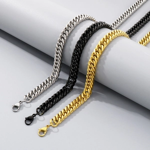 Three curb chain necklaces in silver, black, and gold finishes with lobster clasps