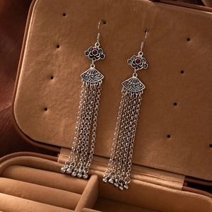 Vintage silver long tassel earrings with red beads and floral fan designs for women