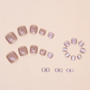 Detailed top view of 24pcs pink cat-eye press-on toenails with purple butterfly patterns
