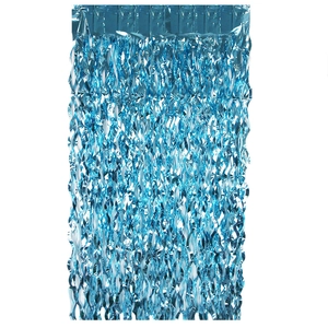 Detail of blue metallic foil fringe curtain with shimmering wavy tinsel strands