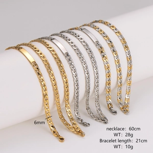 6mm gold and silver Figaro Cuban link chain jewelry set with smooth curved metal bar