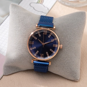 Elegant blue dial women's quartz watch with magnetic mesh strap and Roman numerals