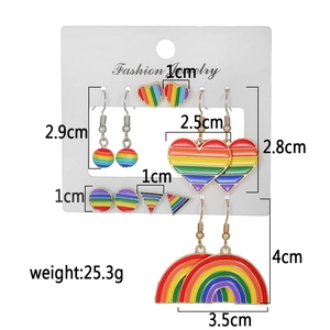 Detailed view of 6-pair rainbow heart earring set with dimensions and weight displayed