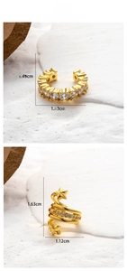 Detailed size view of gold-plated copper ear clips with cubic zirconia star design