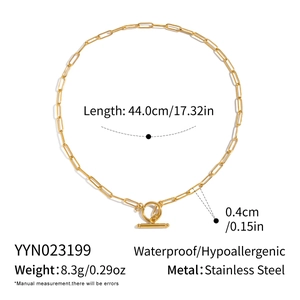 Detail showing gold paperclip chain necklace specifications with OT clasp and 44cm length