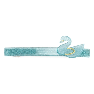 Detail of a blue glitter swan hair clip with a minimalist geometric design for hair styling