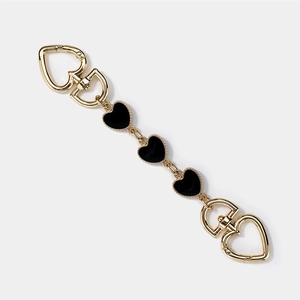 Golden pearl chain strap with three black enamel heart charms for crossbody bags
