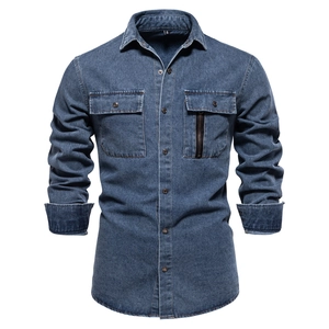 Denim Shirt Men Long Sleeve Cotton Slim Fit Lapel Collar Casual Urban Style Top With Zipper Pocket