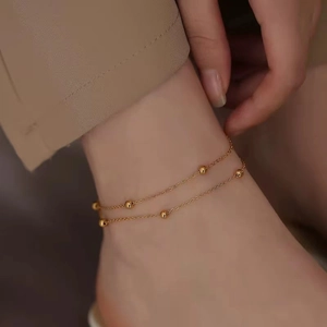 Double-layer golden bead ankle bracelet for women made of durable titanium steel
