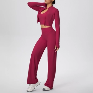 Ensemble de yoga 3 pièces avec veste zippée, débardeur et pantalon large en rose vif moderne