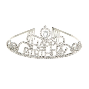 Close-up of silver Happy Birthday tiara with sparkling rhinestones and side hair combs