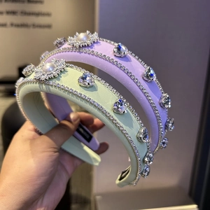 Luxurious padded headband with rhinestones, pearls and heart crystals in purple and green