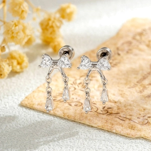 Bowknot Zircon Cartilage Ear Stud Titanium Steel Post Copper Heart Pendant Tassel Piercing Jewelry Korean Vintage