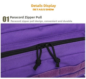 Detail of durable paracord zipper pull on a purple waterproof tactical backpack