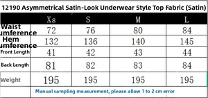 Size guide for asymmetric satin camisole top showing measurements from XS to L