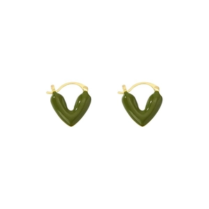 Elegant V-shaped gold plated earrings with dark green enamel finish on white background