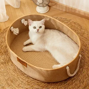 Oval woven cotton rope cat bed and scratcher combo for all seasons with handles