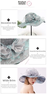 Detail of wide brim sun hat with grey lace floral decoration and fine stitching