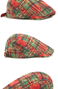 Vertical collage showing detailed angles of a red and green vintage plaid ivy cap