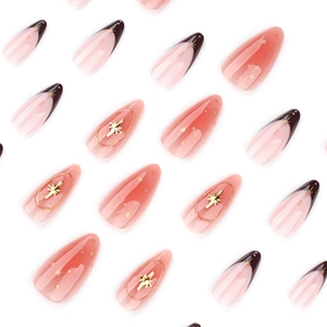 3D star pattern almond press-on nails with pink gradient and French tip design