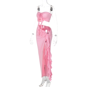 Pink tube top with 3D flower detail and layered ruffle skirt with high split