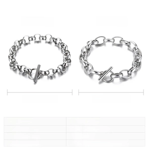 Detailed view of 9mm and 10mm stainless steel chunky chain bracelets with T-bar toggle clasp