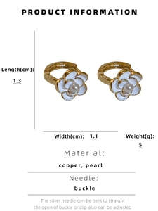 Detailed dimension guide for white camellia flower hoop earrings with pearl center