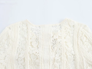 Detail of floral hollow lace neckline and texture on ivory slim fit french dress