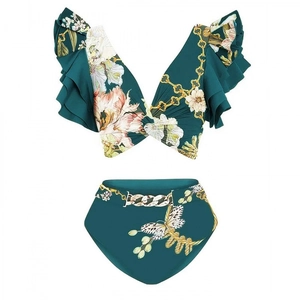 Maillot de bain deux pièces à volants et taille haute, imprimé floral vert foncé