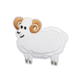 Cartoon sheep embroidered patch with white body and brown spiral horns on white background