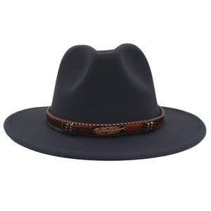Dark grey wide brim wool fedora hat with brown band and golden feather pendant charm