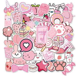 Set de 50 autocollants roses mignons pour bagages avec animaux et dessins animés