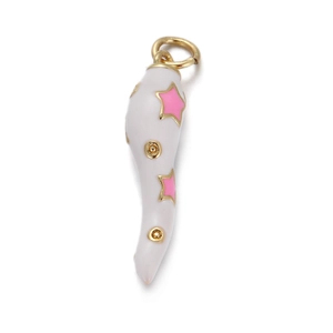 Detailed macro shot of white chili charm with pink stars and gold dots for jewelry DIY