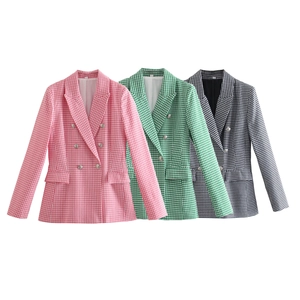 Damen Vintage Plaid Hahnentritt Blazer Doppelreihig Schmal Geschnitten Reverskragen Casual Streetwear Anzugjacke Für Frühling Herbst