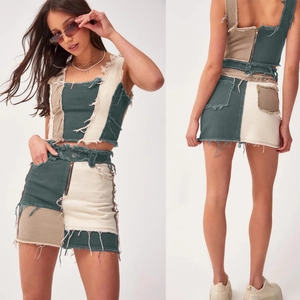 Front and back view of color-block denim set with frayed edges and slim fit design