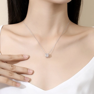 S925 sterling silver sugar cube necklace with square-cut crystal pendant on a model