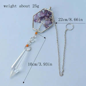 Detail of hexagon tree of life crystal pendant with amethyst stones and silver chain