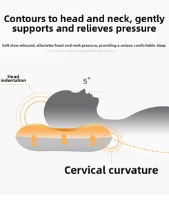 Detail view of ergonomic memory foam pillow featuring 5-degree tilt and cervical curve support