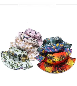 Collection of colorful faux silk printed bucket hats with various floral patterns