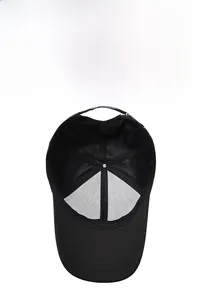 Detail of baseball cap showing breathable mesh lining and adjustable metal strap buckle