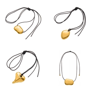 Polished gold organic pendant necklace with adjustable black leather cord in four styles