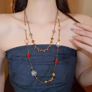 Collier Multicouche En Perles Résine Verre Céramique Pendentif Fleur Goutte Chaîne Longue Pull Vintage Bohème Pour Femmes