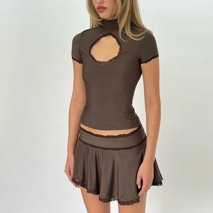 Deep brown lace trim cutout short sleeve top and pleated mini skirt two-piece set