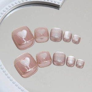 Summer Toe Press On Nails Pink Cat Eye Heart Glitter Square Round Fake Nails For Women Sweet Glossy Removable Plastic